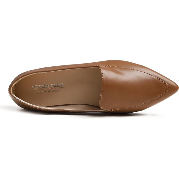 Feversole Women's Camel Brown Plain Vegan Leather Pointed Slip On Flat Loafer - Picture 2 of 5